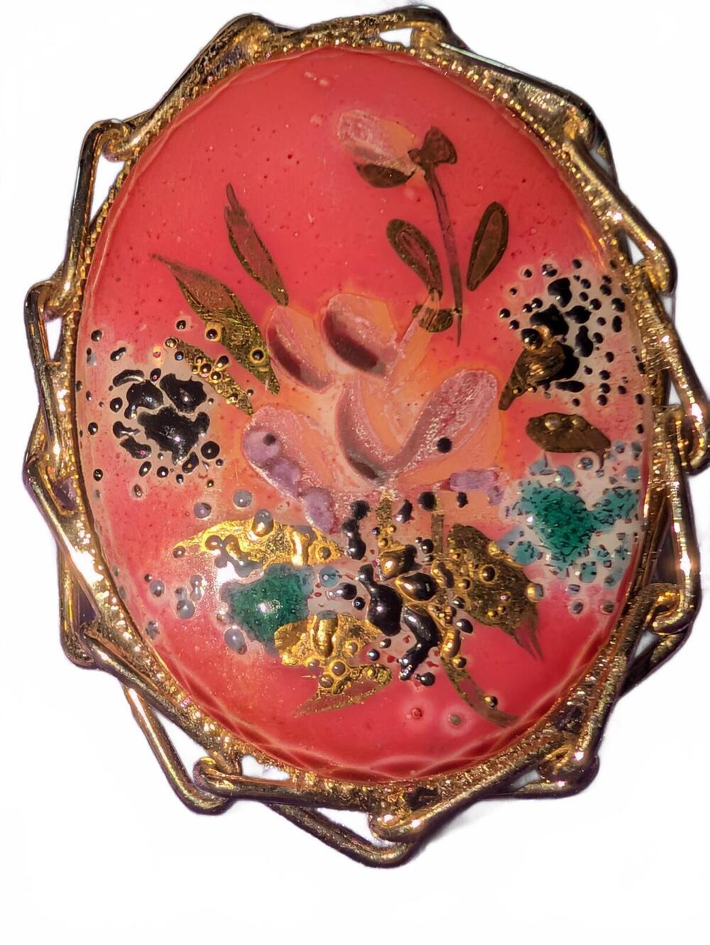 Vintage Floral Hand-Painted Brooch Limoge with Gold Tone Frame